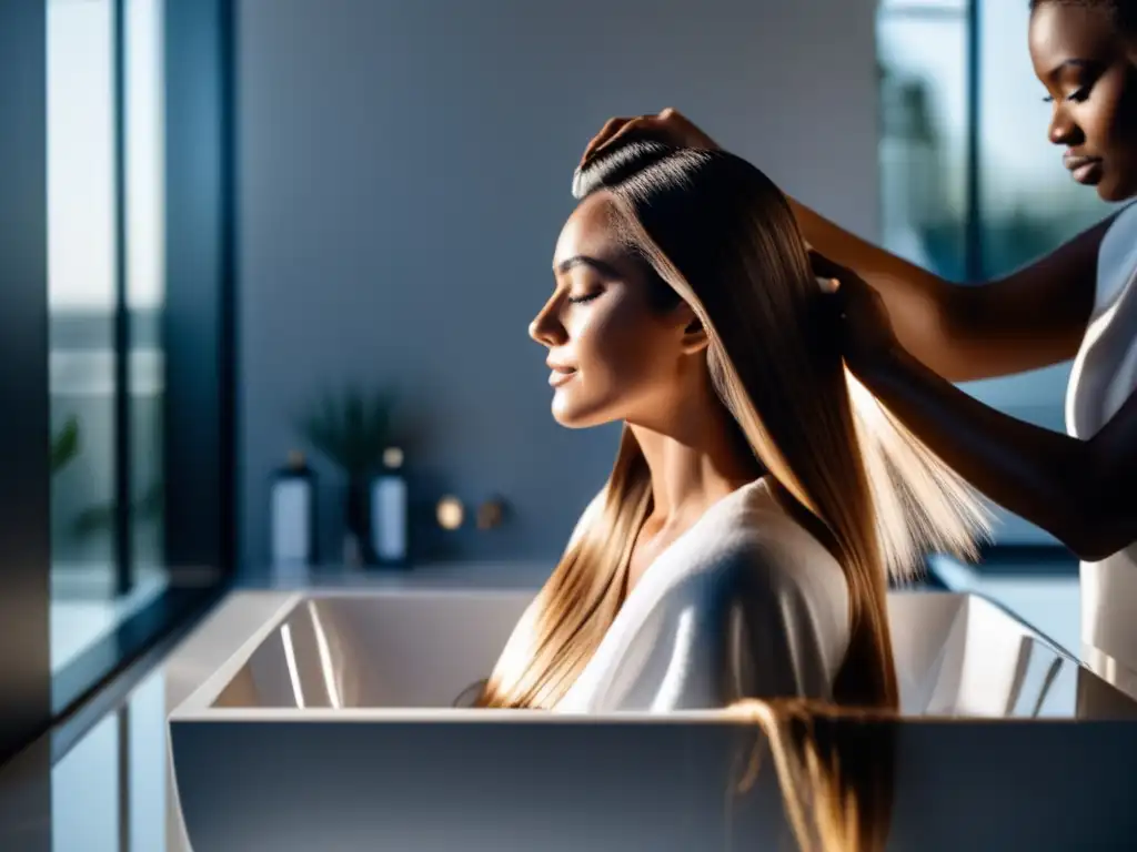 Una mujer aplica una mascarilla capilar para caída de cabello en un baño moderno y luminoso, realzando el cuidado del cabello y el autocuidado.