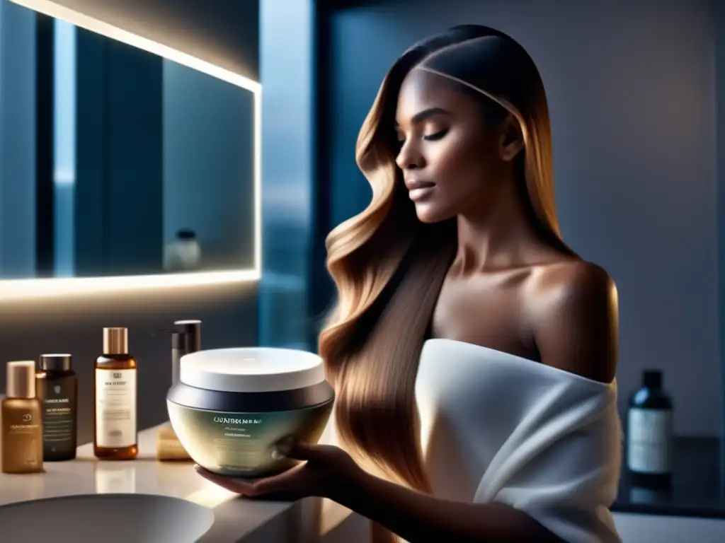 Una mujer aplicando una mascarilla capilar en un moderno baño. La luz natural ilumina los lujosos productos para el cuidado del cabello.