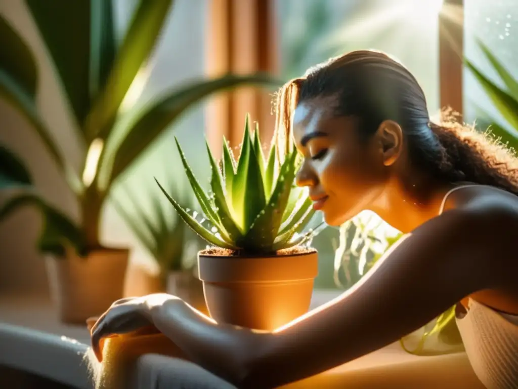 Una mujer aplica una mascarilla casera de aloe vera en su cabello, mientras la luz del sol ilumina la habitación