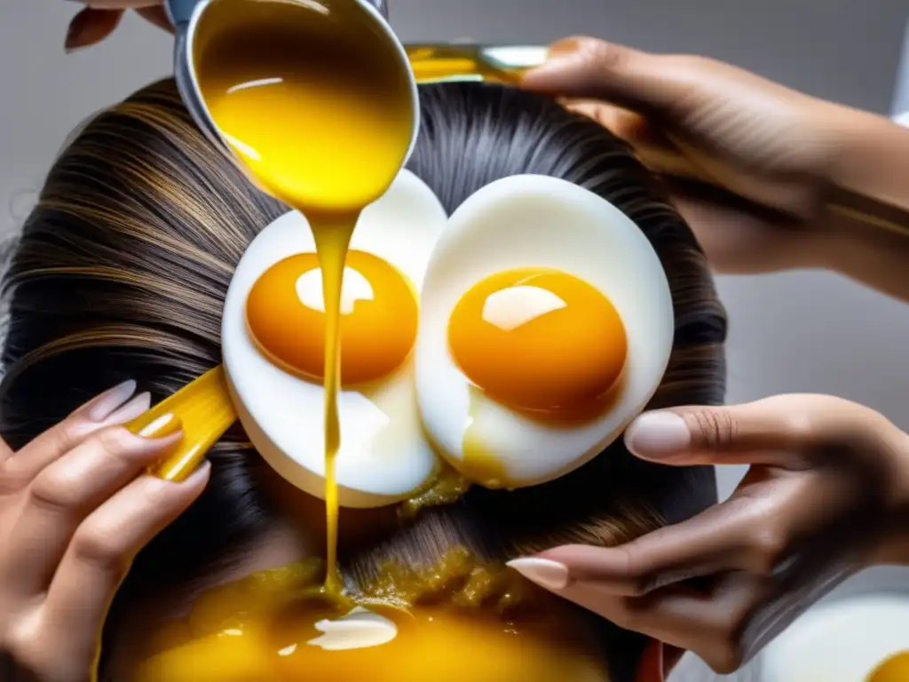 Una mujer aplica una mascarilla casera de huevo en su cabello, mostrando su textura cremosa y los ingredientes naturales como la miel y el aceite de oliva