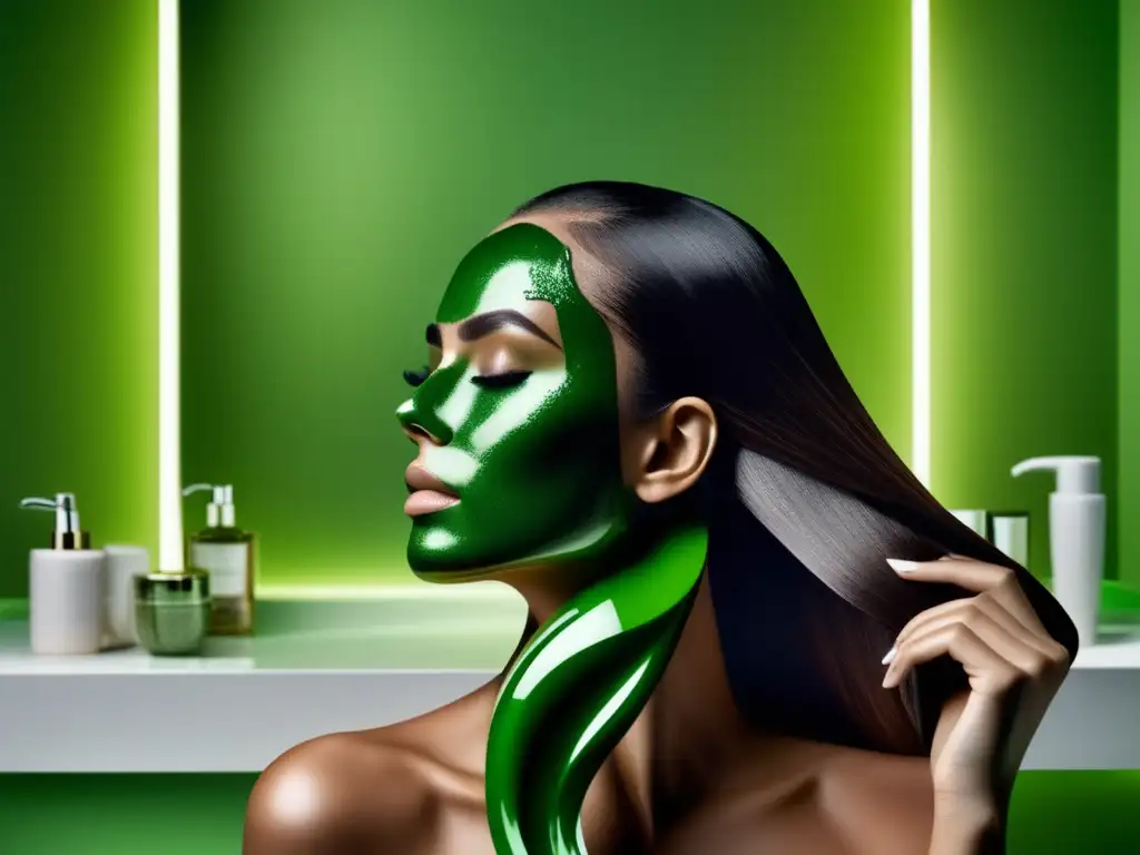 Una mujer aplica una mascarilla detox en su cabello brillante en un elegante baño moderno. La escena es lujosa y revitalizante.