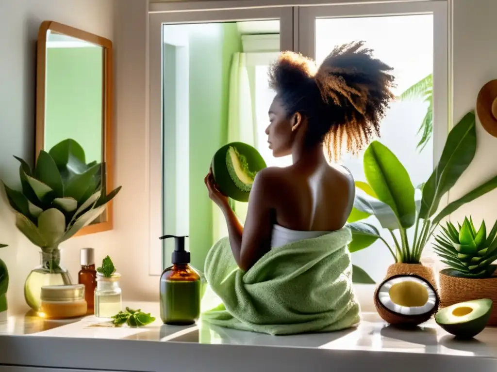 Una mujer aplica una mascarilla natural para la pérdida de cabello en un baño luminoso y relajante, rodeada de ingredientes naturales.