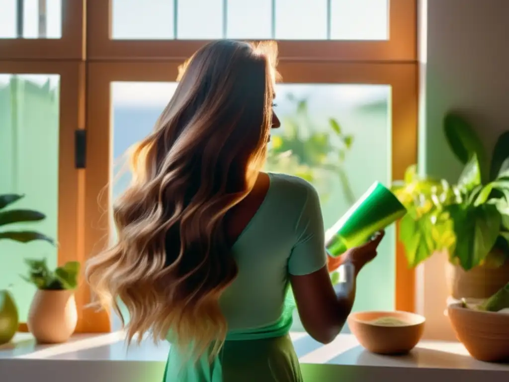 Una mujer aplica una mascarilla de proteínas para cabello, resaltando el brillo natural y la fortaleza de su melena.