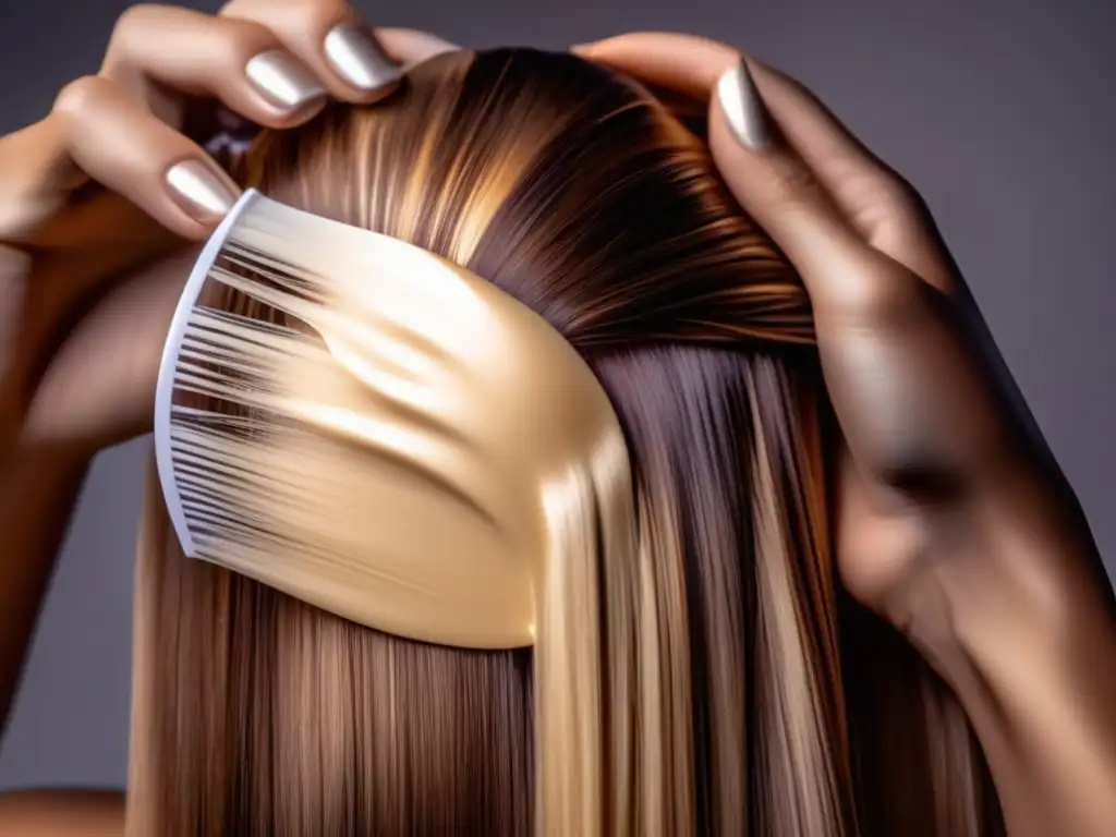 Una mujer aplica una mascarilla de proteínas para cabello, resaltando la textura y el brillo de su melena.