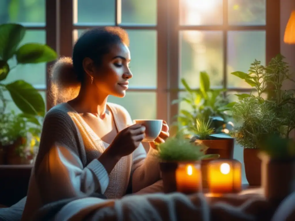 Una mujer disfrutando de un momento de calma y apoyo emocional en una habitación acogedora llena de plantas verdes y cristales coloridos, mientras sostiene una taza de té herbal