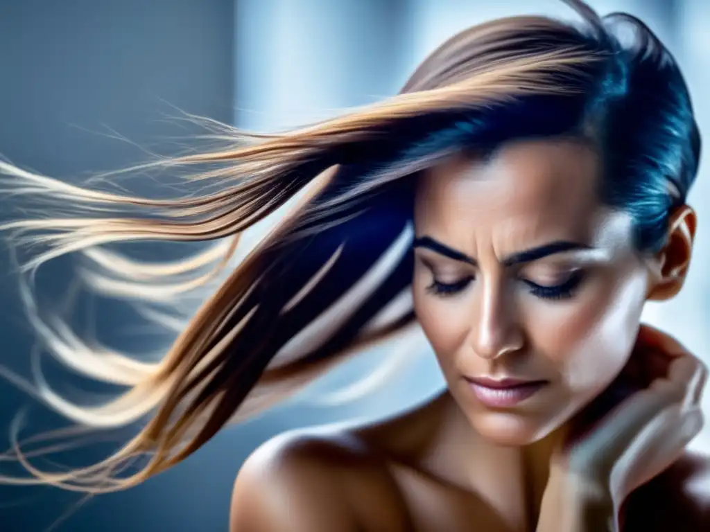 Una mujer experimentando pérdida de cabello posparto, tocando suavemente su cabello