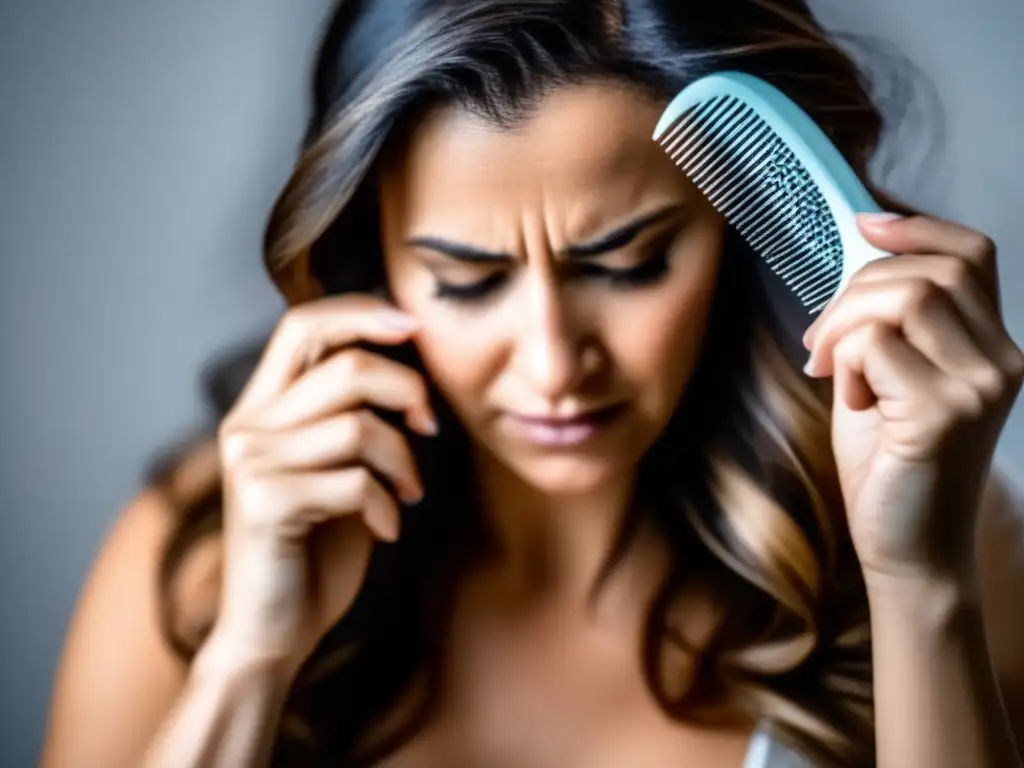 Una mujer examina con preocupación su cabello postparto mientras peina suavemente, mostrando la pérdida de cabello