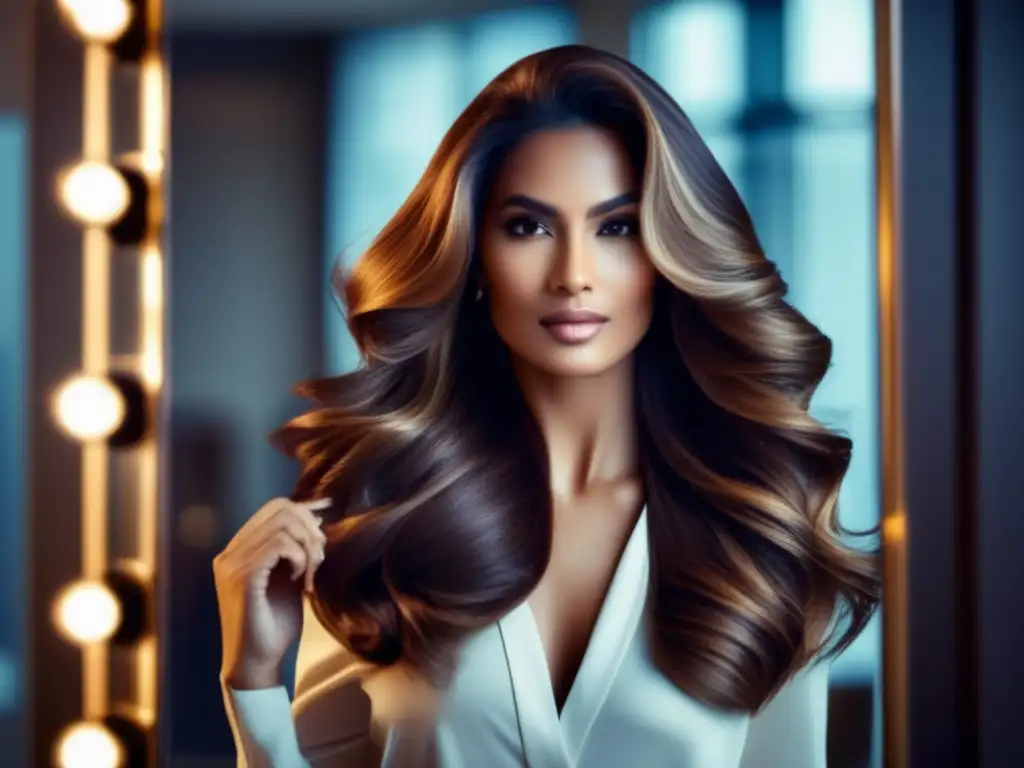 Una mujer radiante, con cabello lujoso, se observa en el espejo, mostrando su melena voluminosa