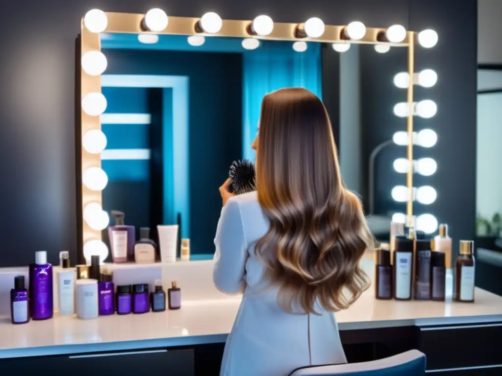 Una mujer radiante y segura se examina en el espejo mientras rodeada de productos para el cuidado del cabello