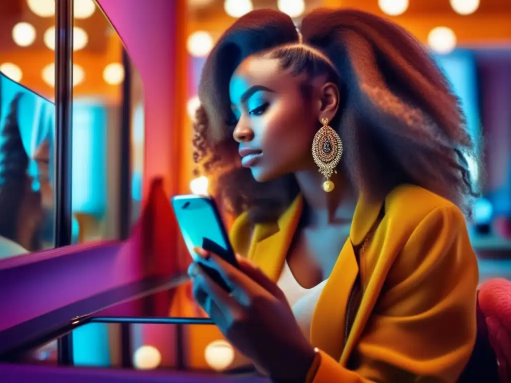 Una mujer reflexiva con cabello largo y vibrante, usando su smartphone frente al espejo