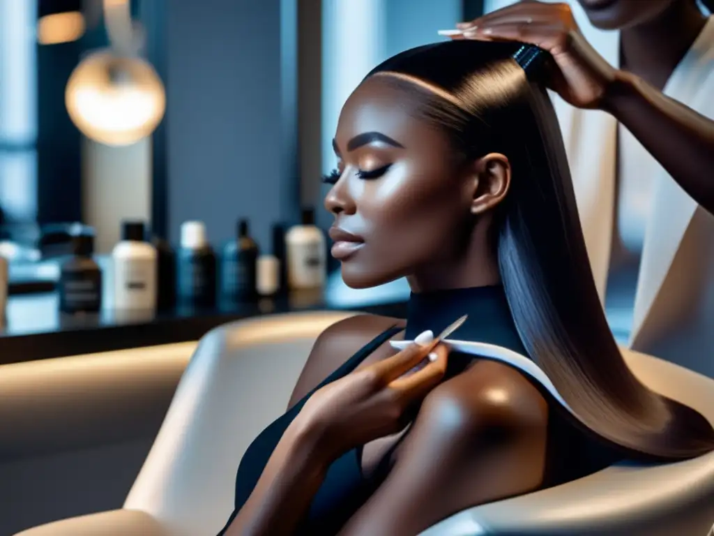 Una mujer relajada aplica una mascarilla de proteínas para cabello en un salón moderno y luminoso, destacando la eficacia del tratamiento.