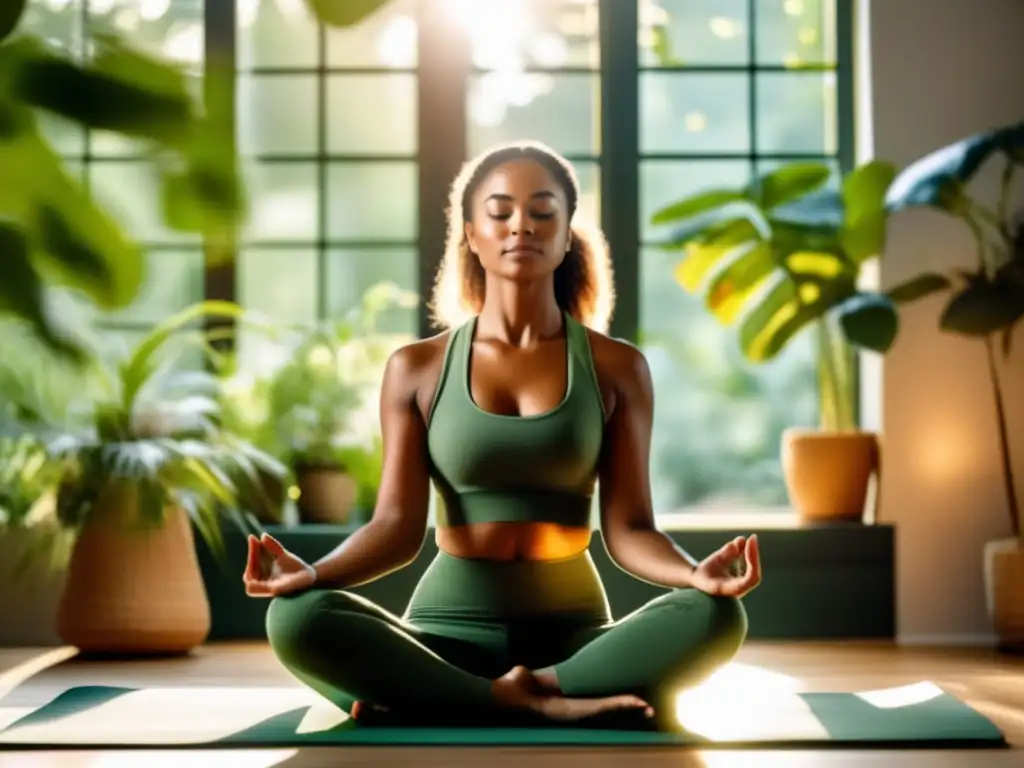 Una mujer relajada practica rutinas yoga capilar para estrés, masajeando su cuero cabelludo en un ambiente sereno con plantas verdes.