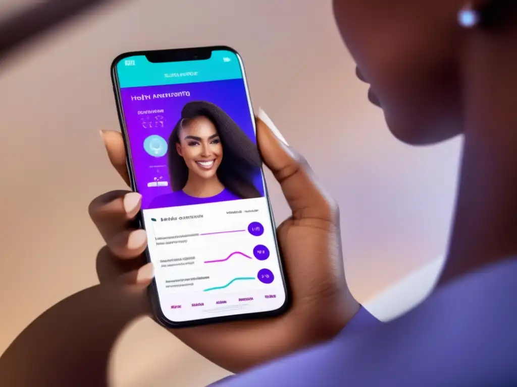 Una mujer satisfecha utiliza una aplicación móvil para salud capilar con gráficos vibrantes y funciones intuitivas, rodeada de visualizaciones de cabello sano