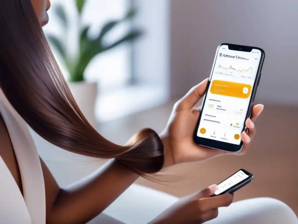 Una mujer segura y empoderada usa una app de seguimiento de salud capilar en un elegante entorno contemporáneo.