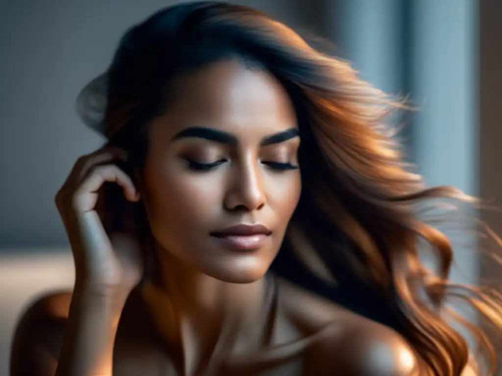 Una mujer serena acaricia su cabello en una habitación iluminada, representando la superación de la pérdida de cabello postparto.