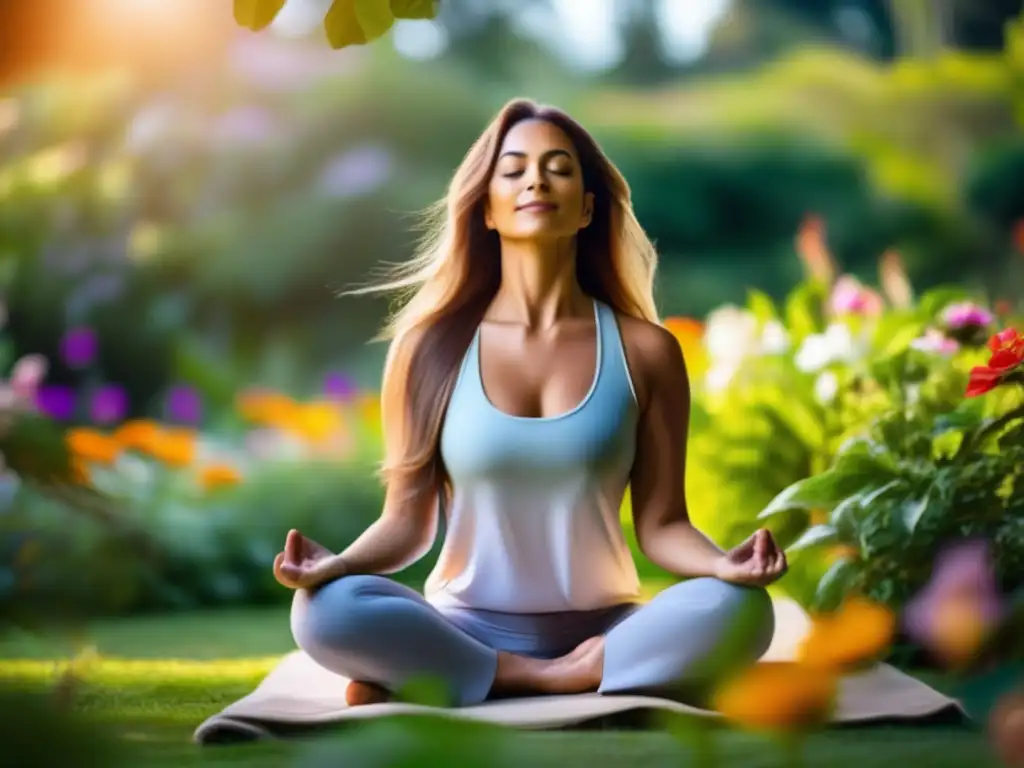 Una mujer practica yoga en un jardín sereno, rodeada de naturaleza exuberante y flores coloridas