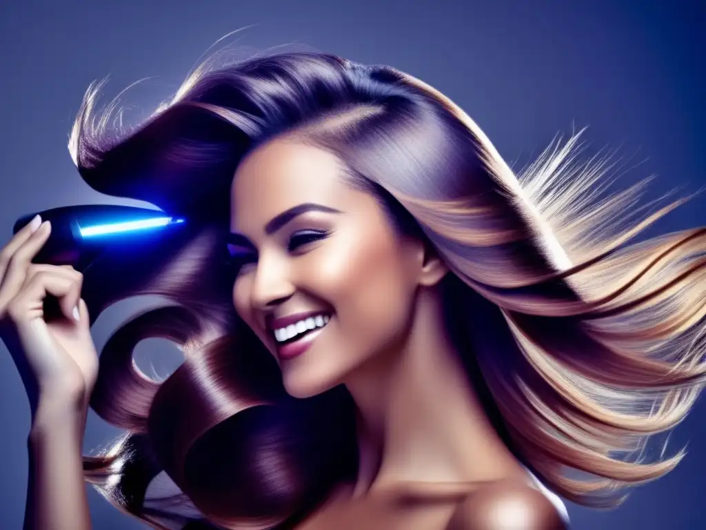 Una mujer sonriente acaricia su cabello brillante