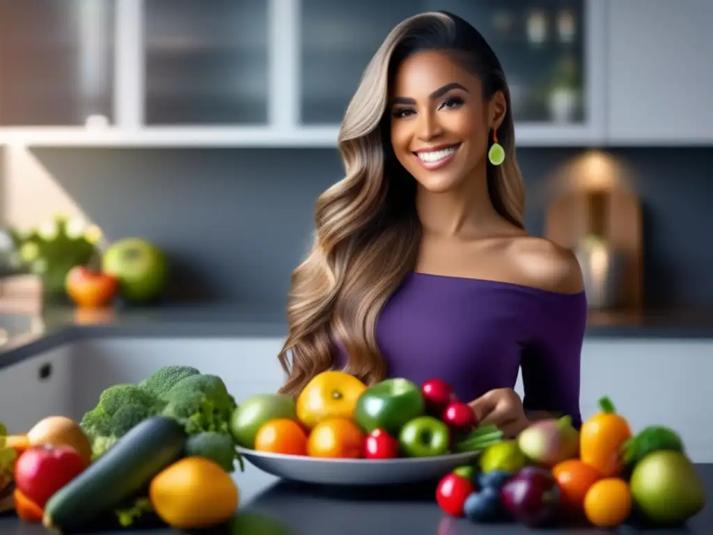 Una mujer sonriente con cabello brillante y saludable sostiene una bandeja de frutas y verduras