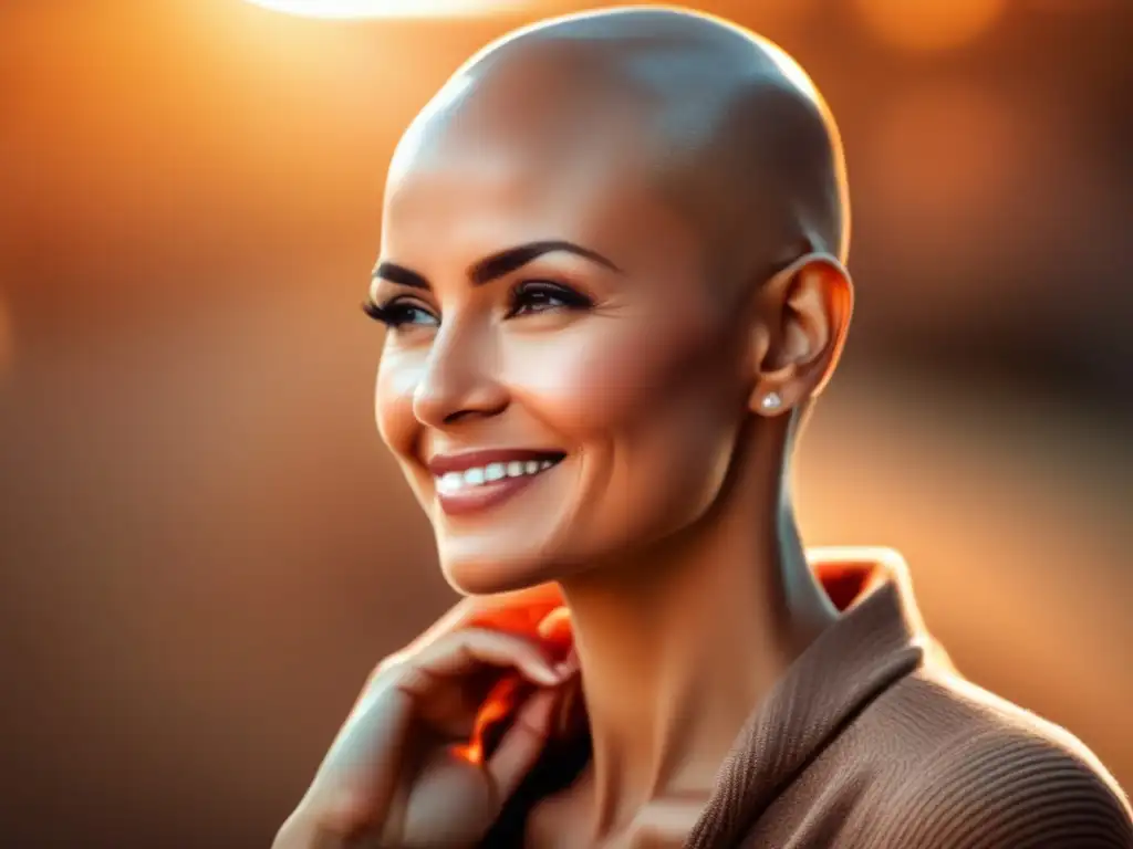 Una mujer sonriente, tocando suavemente su cabeza calva con serenidad bajo la cálida luz solar