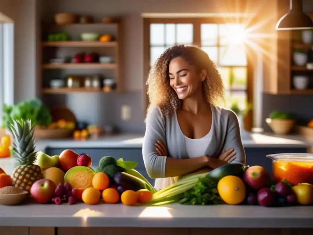 Una mujer sonriente preparando una comida vibrante en una cocina soleada llena de alimentos frescos y granos sin gluten, destacando la conexión entre la dieta sin gluten y la salud del cabello