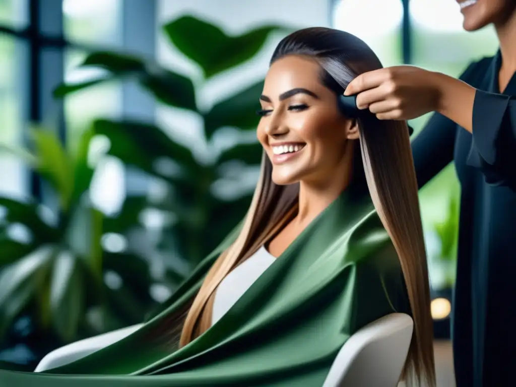 Una mujer sonriente disfruta de una mascarilla de keratina en un salón de lujo, rodeada de plantas. Su cabello luce restaurado y brillante.