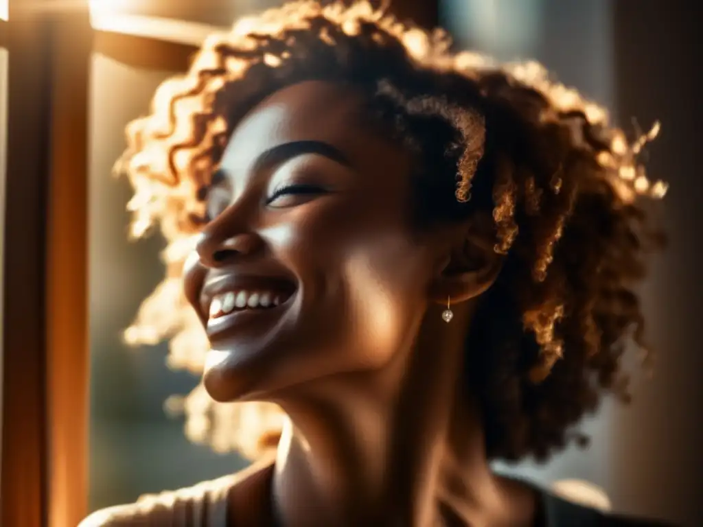 Una mujer sonriente con los ojos cerrados, regreso del cabello tras quimioterapia, iluminada por la luz del sol que resalta su cabello corto y rizado, evocando esperanza y fortaleza