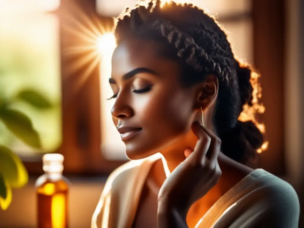 Una mujer aplica con suavidad tratamientos naturales para la pérdida de cabello, con luz solar que ilumina la escena con un brillo cálido