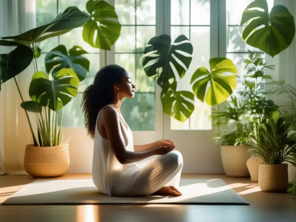 Una mujer practica técnicas de relajación en un ambiente sereno y soleado, rodeada de plantas verdes exuberantes, creando una atmósfera de calma y paz interior para combatir la caída del cabello postparto