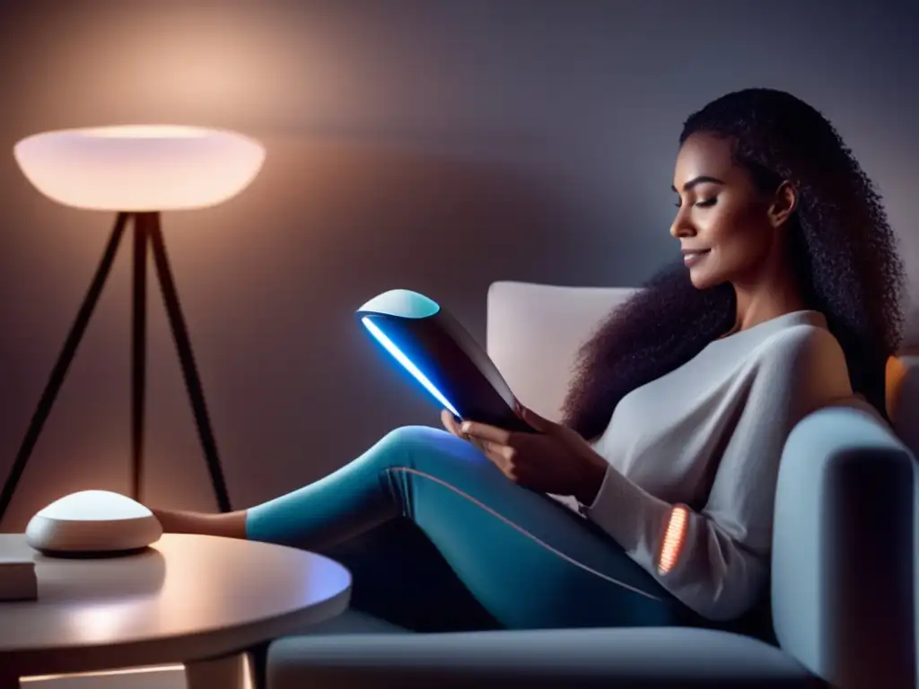 Terapia láser capilar: relájate y cuida tu cabello en casa Mujer usando terapia láser portátil para cabello en moderna sala de estar, creando atmósfera de relajación y cuidado personal