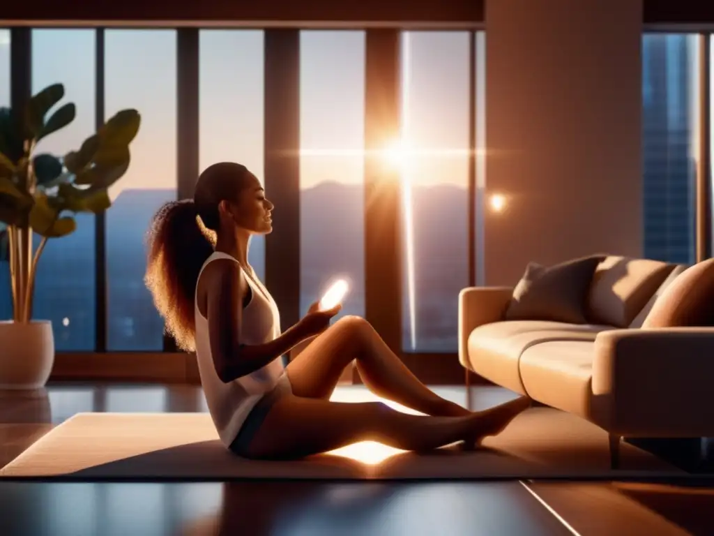 Una mujer disfruta de terapias de luz para cabello en un moderno salón, irradiando salud y bienestar