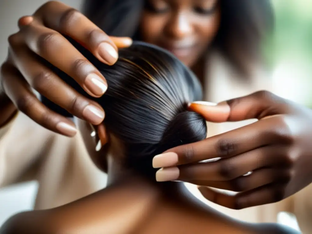 Una mujer aplica suavemente tratamiento natural pérdida cabello postparto en su cuero cabelludo, resaltando la textura del aceite y el crecimiento postparto, en una atmósfera calmada y nutritiva