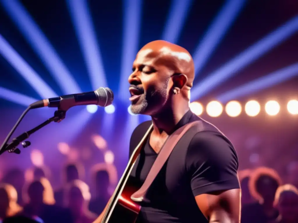 Un músico famoso en el escenario, conectando con la audiencia con confianza y empoderamiento, transmitiendo la fuerza y superación ante la pérdida de cabello