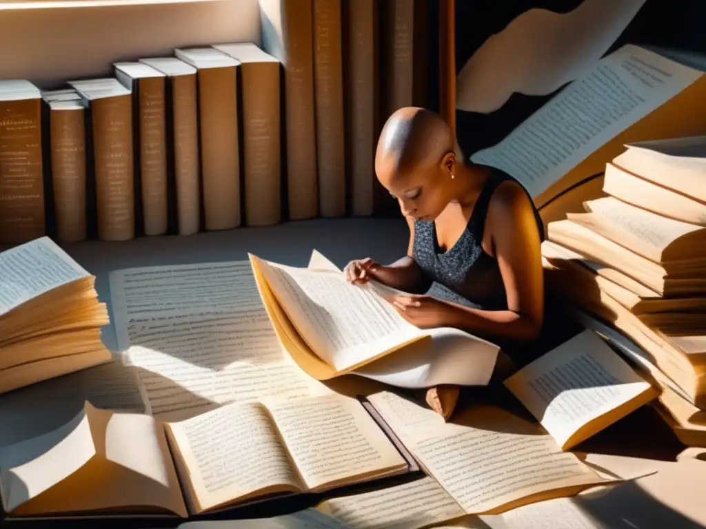 Obra de arte detallada muestra persona con alopecia rodeada de libros de poesía en una habitación tranquila y soleada, representando la intersección de arte y alopecia en la sociedad