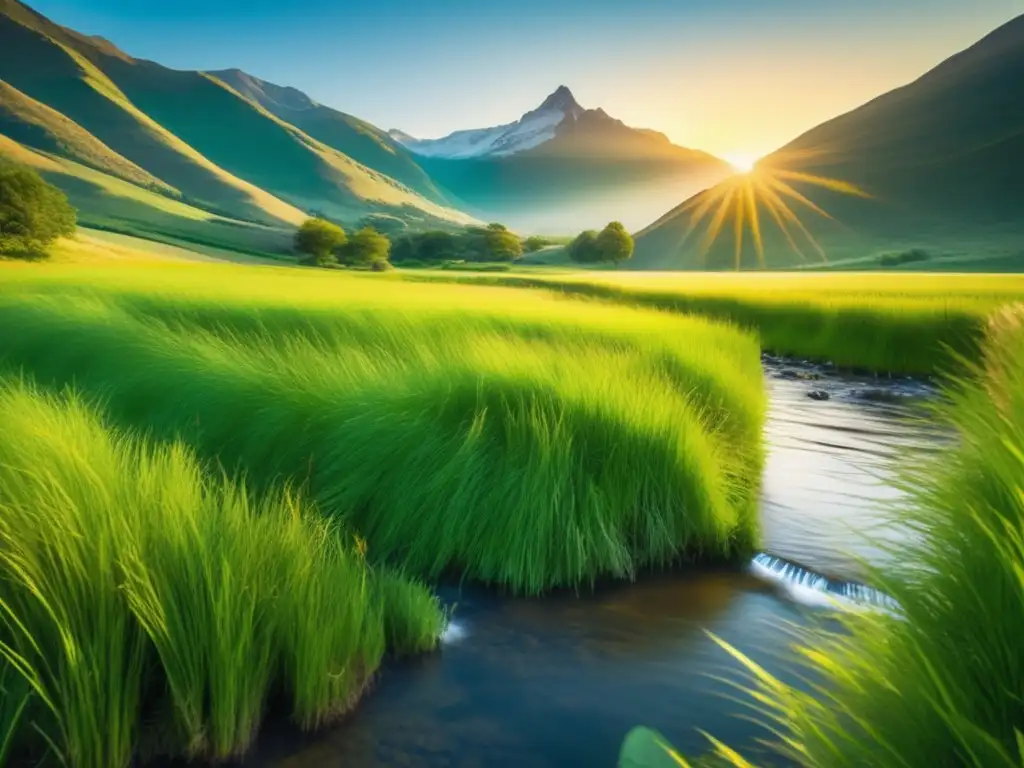 Un paisaje natural exuberante con un campo verde vibrante, montañas majestuosas y un arroyo serpenteante