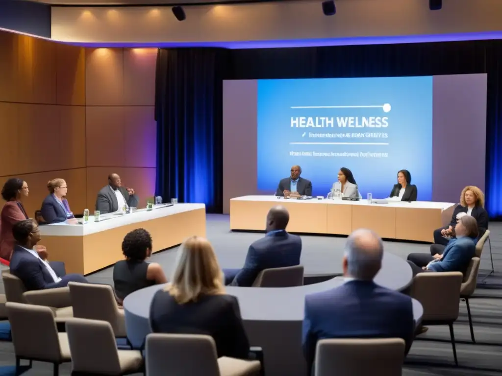 Un panel diverso de expertos destacados en conferencias de salud capilar, compartiendo conocimientos en un ambiente profesional y educativo.