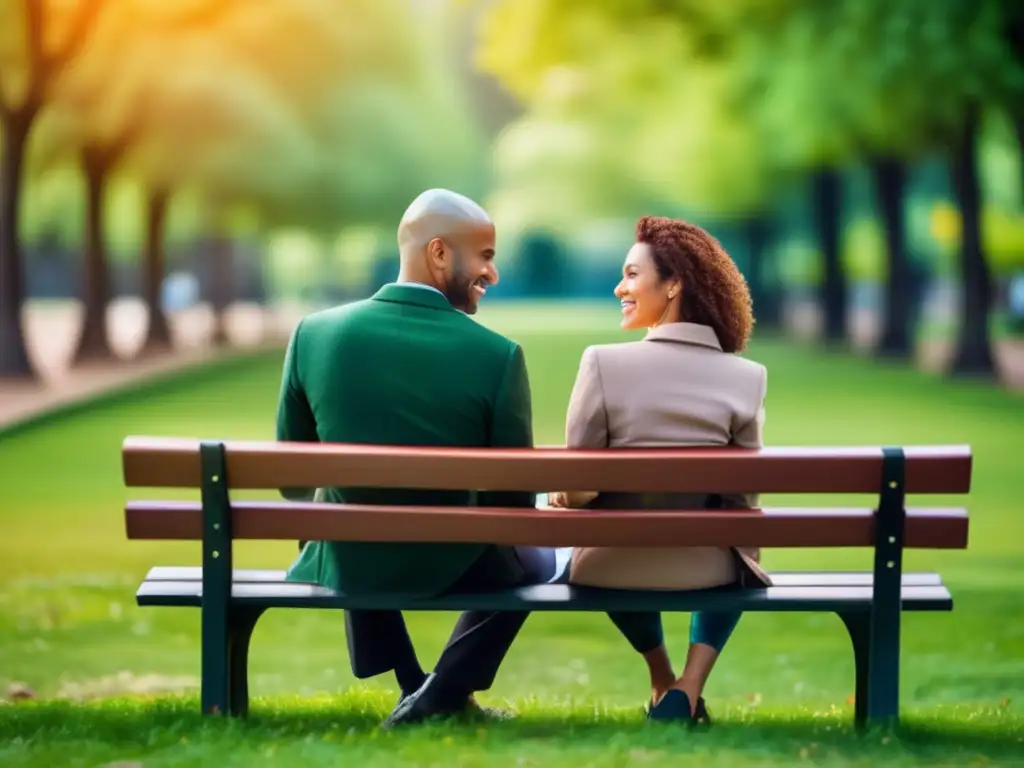 Una pareja disfruta de la serenidad de un parque, demostrando el impacto positivo de la confianza y el amor en las relaciones personales, a pesar de la calvicie