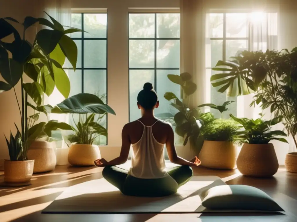 Meditación para prevenir la pérdida capilar: Persona meditando en un ambiente sereno, rodeada de plantas y luz dorada