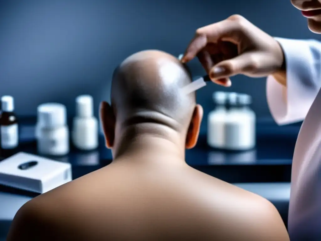 Tratamiento alternativo para alopecia: detalle precision y cuidado Persona con alopecia areata recibiendo tratamiento alternativo en clínica moderna, mostrando aplicación de remedio natural o terapia no invasiva