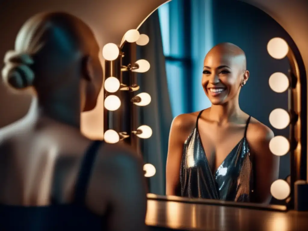 Una persona con alopecia abraza su belleza natural frente al espejo, irradiando fuerza y confianza