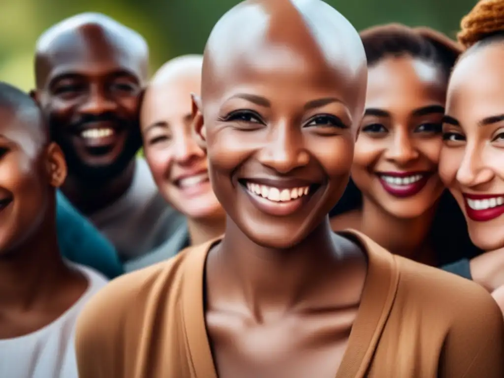 Persona con alopecia abraza su calvicie rodeada de amigos sonrientes, desafiando el estigma social