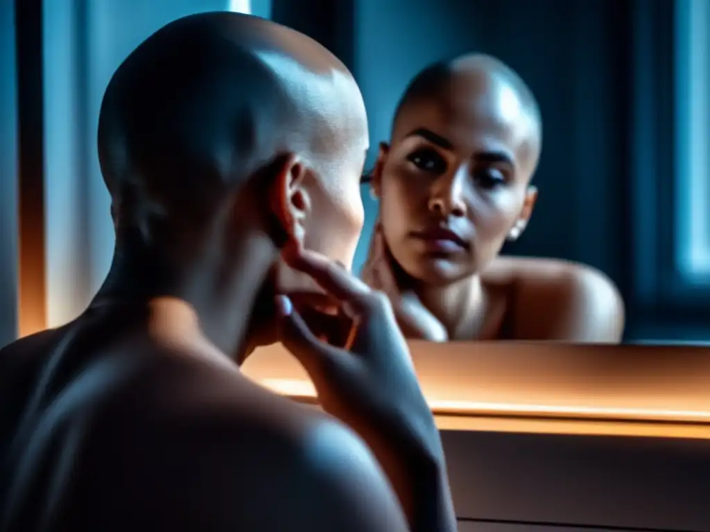 Una persona con alopecia, reflexiva frente al espejo, tocando su cuero cabelludo