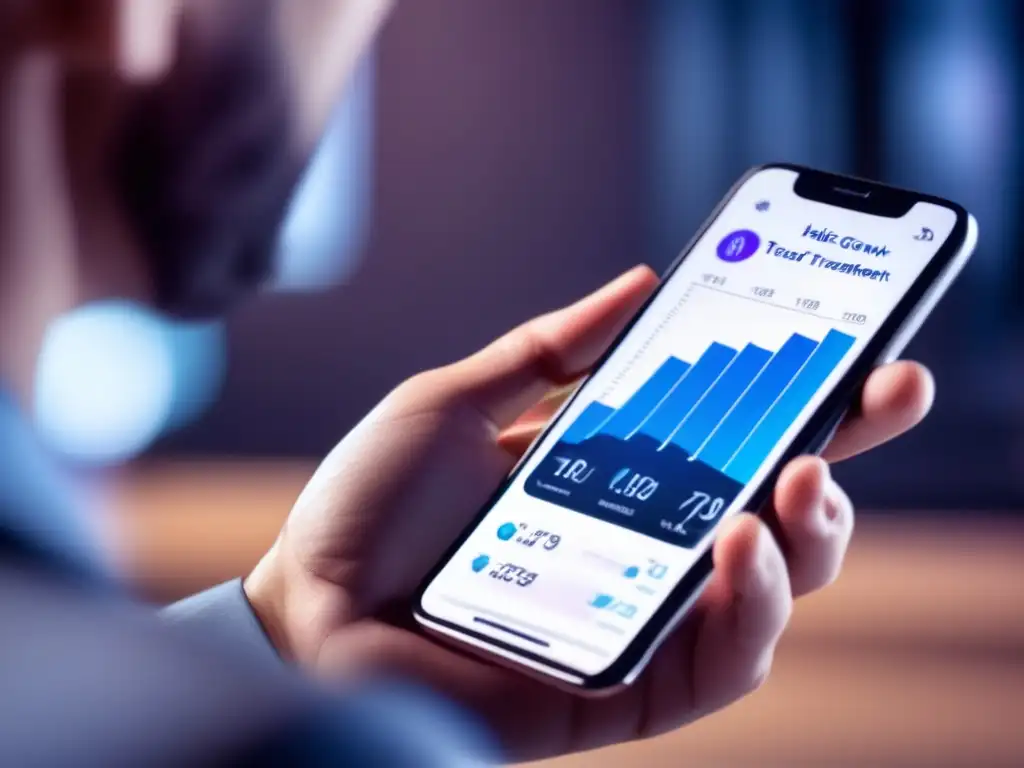 Persona usando una app de tratamiento para la pérdida de cabello eficaz en su smartphone, mostrando gráficos detallados