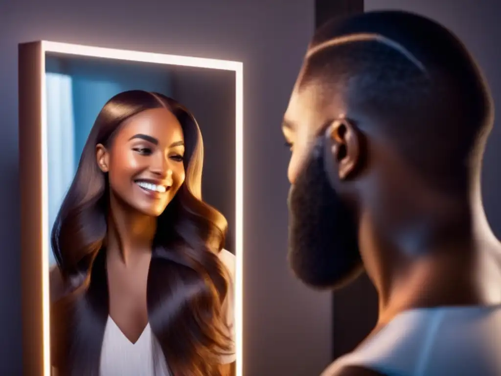 Una persona con cabello exuberante y saludable se examina con una sonrisa satisfecha en el espejo, reflejando un cuero cabelludo sano, sin señales de pérdida de cabello