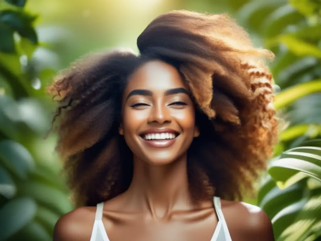 Una persona con cabello grueso y saludable, rodeada de vegetación exuberante y luz natural