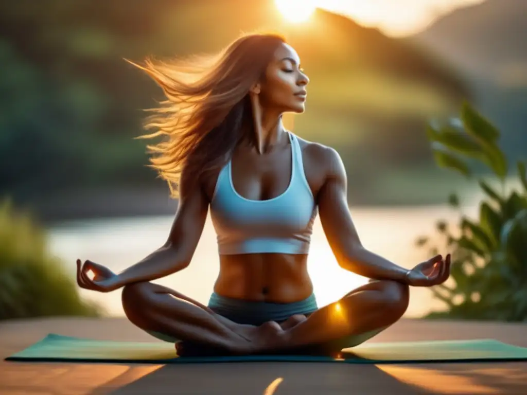 Una persona con cabello largo y radiante, en una pose de yoga en un entorno sereno y soleado