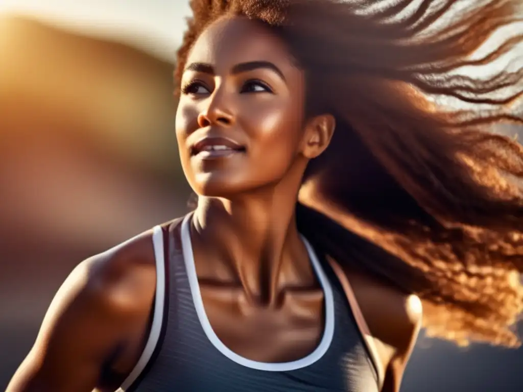 Brillo solar: cabello sano en acción Persona con cabello saludable y fuerte, disfrutando de la actividad física al aire libre