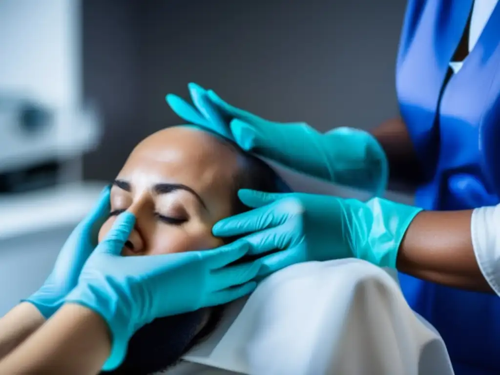 Persona en casa aplicando cuidadosamente un tratamiento inmunoterapia pérdida cabello bajo costo, con equipo estéril y precisión