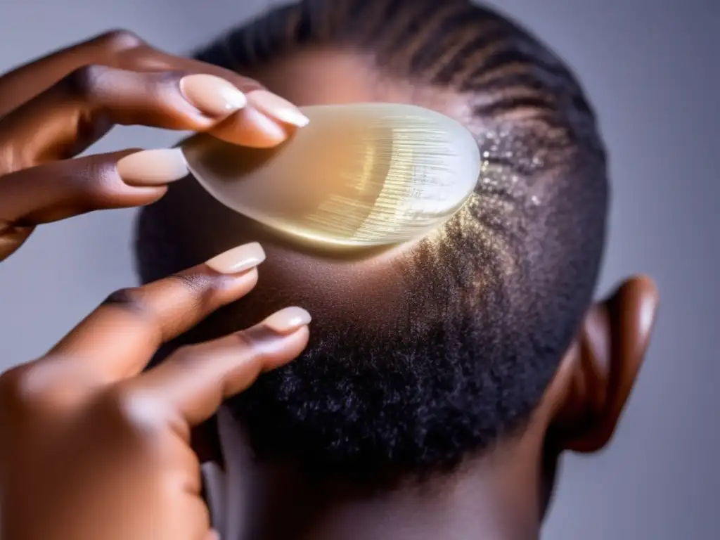 Una persona aplica con delicadeza un suero especial para el cuidado del cabello trasplante capilar, transmitiendo calma y atención profesional