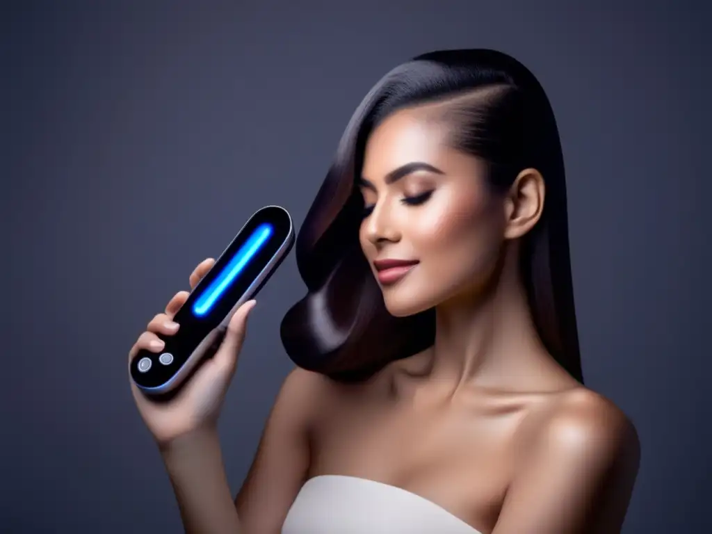 Terapia láser para cabello: diseño moderno y efectivo Persona sostiene dispositivo de terapia láser para cabello en ambiente moderno, con luz suave y diseño compacto
