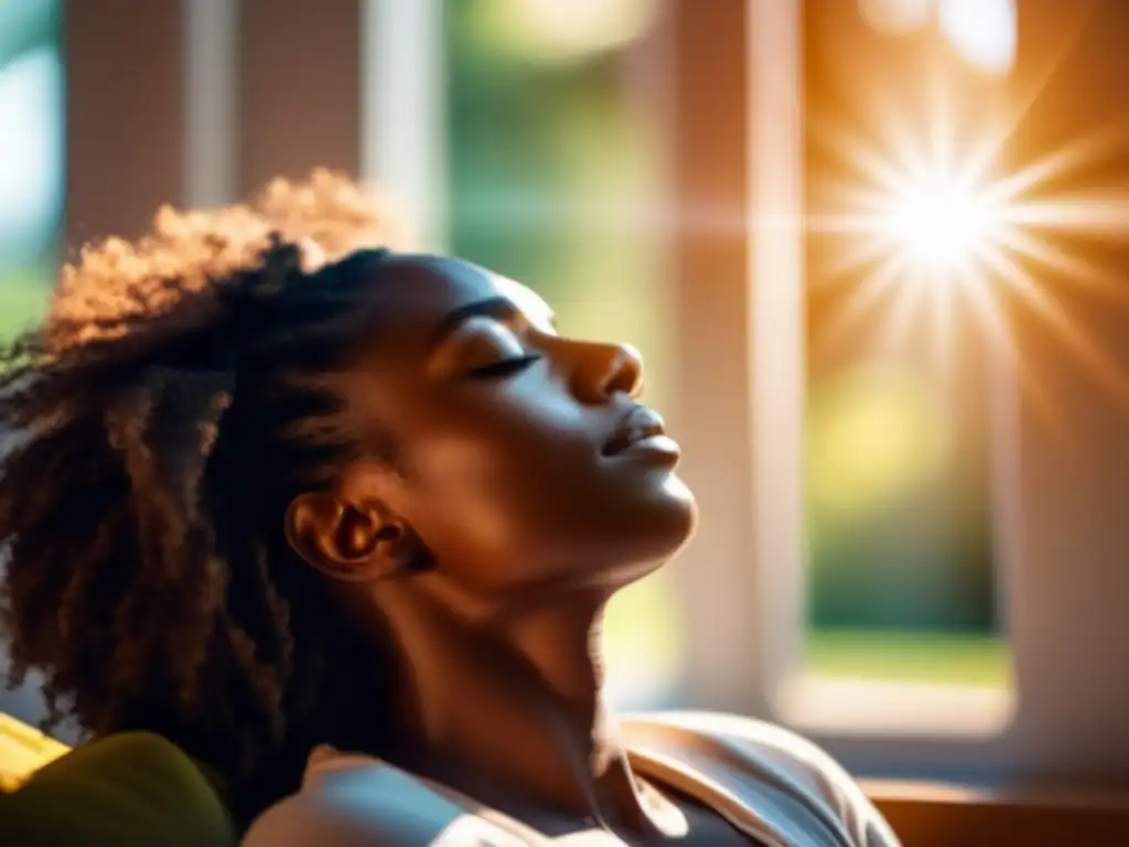 Una persona practica ejercicios de respiración en una habitación tranquila y soleada, con cabello saludable iluminado por el sol.